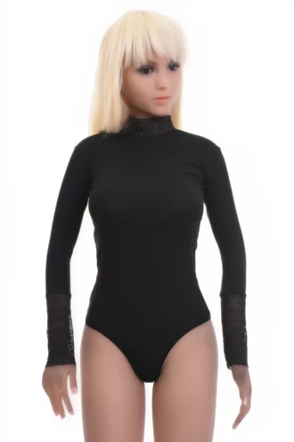 Women's black long-sleeve cotton bodysuit with lace trim at the neck and cuffs and a mock neckline.