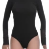 Black long-sleeve cotton bodysuit with lace trim and mock neck over a thong cut, a versatile layer.