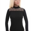 Women's black cotton bodysuit with a mock neckline and long sleeves in a close polo-style cut.