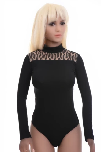 Women's black cotton bodysuit with a mock neckline and long sleeves in a close polo-style cut.