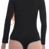 Black cotton bodysuit with mock neck, long sleeves and brazilian cut, a clean cold-weather base.