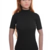 Women's black cotton bodysuit with a mock neckline and short sleeves in a close polo-style cut.