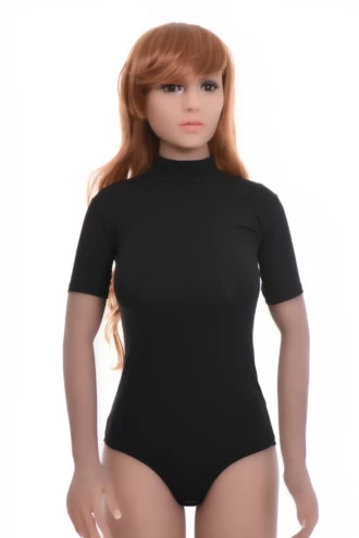 Women's black cotton bodysuit with a mock neckline and short sleeves in a close polo-style cut.