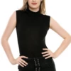Women's black cotton bodysuit with a mock neckline, sleeveless cut and brazilian coverage in a polo-style fit.