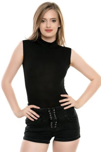 Women's black cotton bodysuit with a mock neckline, sleeveless cut and brazilian coverage in a polo-style fit.