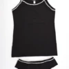 Black cotton camisole and boyshorts set with scoop-neck tank top, spaghetti straps and picot-trim shorts.