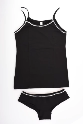 Black cotton camisole and boyshorts set with scoop-neck tank top, spaghetti straps and picot-trim shorts.