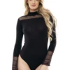 Women's black cotton bodysuit with lace trim at the mock neck and cuffs, long sleeves and a thong cut.