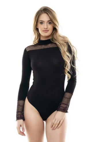 Women's black cotton bodysuit with lace trim at the mock neck and cuffs, long sleeves and a thong cut.