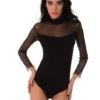 Women's black long-sleeve cotton bodysuit with sheer mesh detailing, a mock neck and thong cut.
