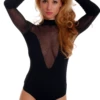 Women's black long-sleeve cotton bodysuit with sheer mesh panelling and a mock neckline.