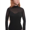 Women's black long-sleeve cotton bodysuit with sheer mesh over a soft base, mock neck and thong cut.