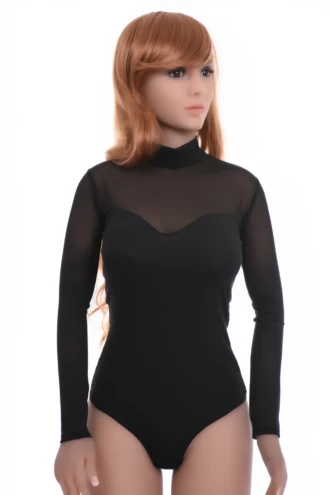 Women's black long-sleeve cotton bodysuit with sheer mesh over a soft base, mock neck and thong cut.