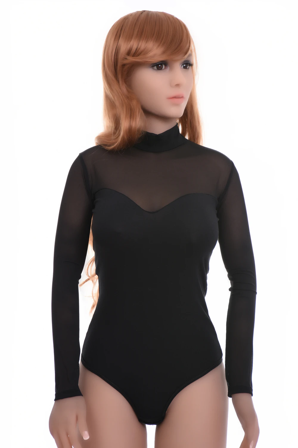 Women's black long-sleeve cotton bodysuit with sheer mesh over a soft base, mock neck and thong cut.