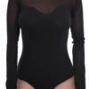Tonal black cotton-and-mesh bodysuit by Tiara Galiano, an understated polo-style layer under a blazer.