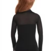 Black cotton-blend bodysuit with sheer mesh worked into the base, a refined shirt-style layer under a blazer.