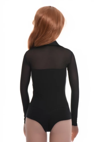 Black cotton-blend bodysuit with sheer mesh worked into the base, a refined shirt-style layer under a blazer.