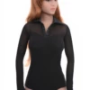 Women's black cotton-and-mesh bodysuit with a V-neckline, long sleeves and a brazilian cut, a shirt-style shape.