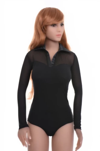 Women's black cotton-and-mesh bodysuit with a V-neckline, long sleeves and a brazilian cut, a shirt-style shape.
