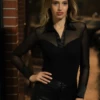 Black cotton-and-mesh bodysuit with V-neck and long sleeves, a refined shirt-style base layer for work.