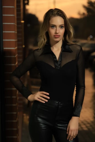Black cotton-and-mesh bodysuit with V-neck and long sleeves, a refined shirt-style base layer for work.