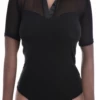 Women's black cotton shirt bodysuit with a soft V-neckline and short sleeves over a brazilian bottom.