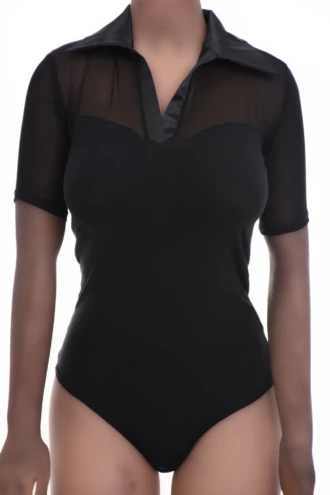 Women's black cotton shirt bodysuit with a soft V-neckline and short sleeves over a brazilian bottom.