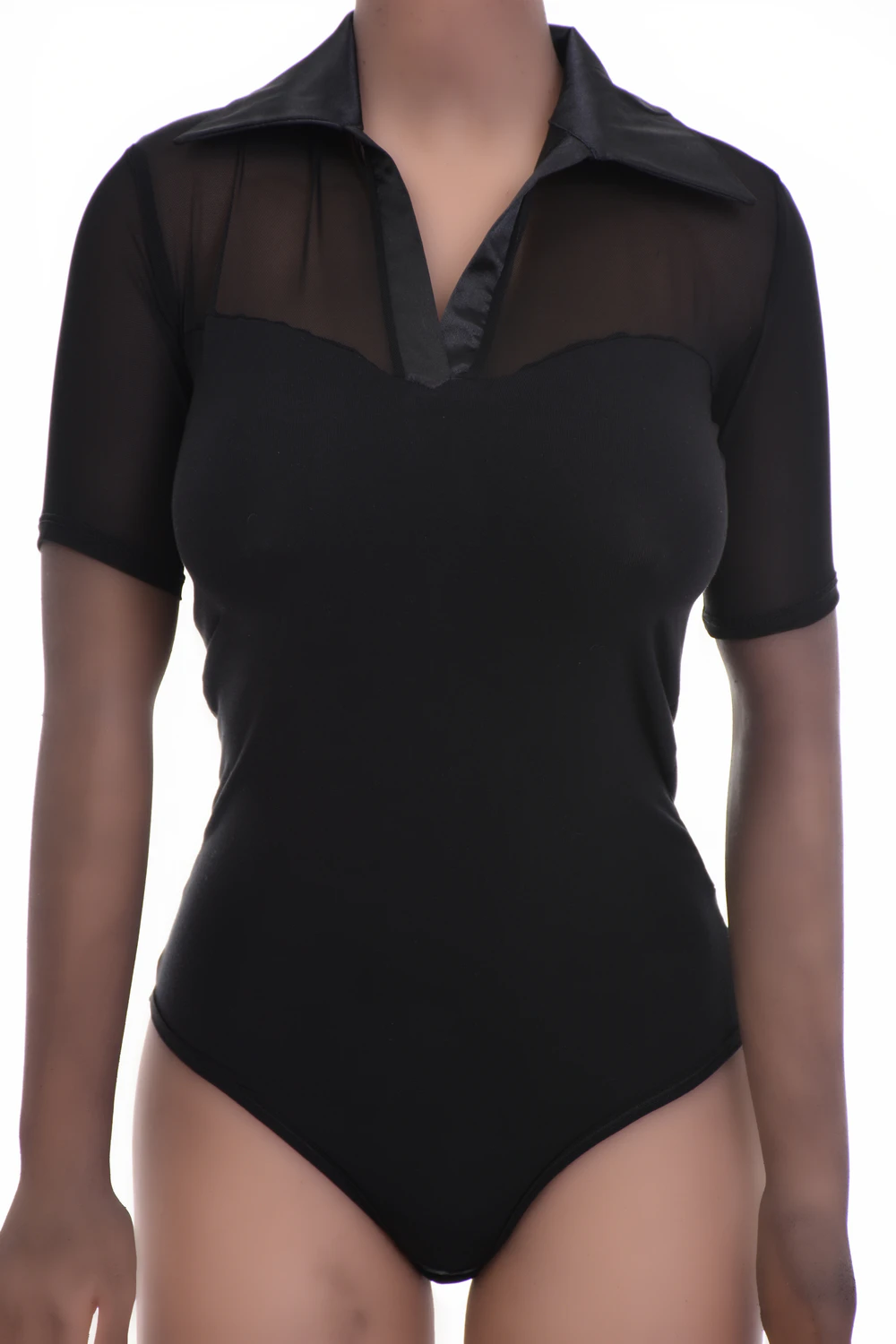 Women's black cotton shirt bodysuit with a soft V-neckline and short sleeves over a brazilian bottom.