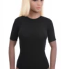 Women's black cotton T-shirt bodysuit with a round neck and short sleeves over a thong bottom.
