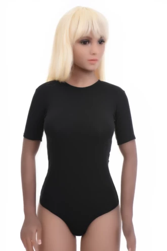 Women's black cotton T-shirt bodysuit with a round neck and short sleeves over a thong bottom.