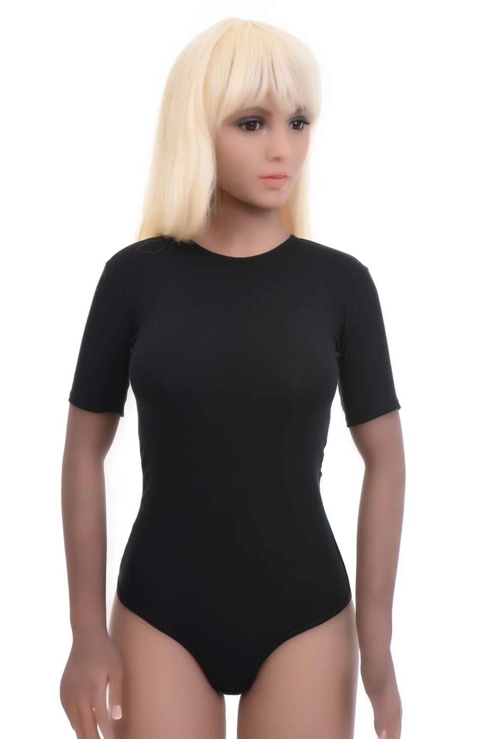 Women's black cotton T-shirt bodysuit with a round neck and short sleeves over a thong bottom.