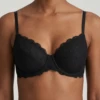 Black dotted-lace bra with molded cups, underwire and a scalloped neckline over a smooth microfiber band.