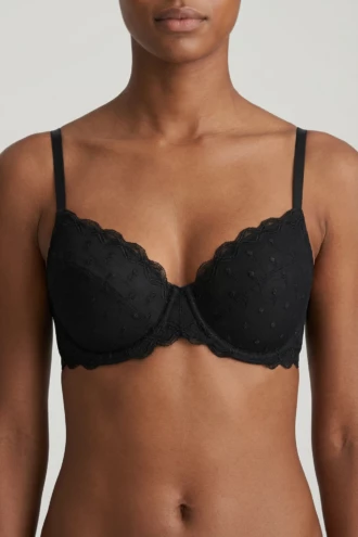 Black dotted-lace bra with molded cups, underwire and a scalloped neckline over a smooth microfiber band.