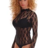 Black lace bodysuit with mock neckline and hook-and-eye closure, worn under an open blazer or sheer top.