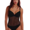 Women's black lace bodysuit over sheer mesh with molded cups, spaghetti straps and a thong cut.