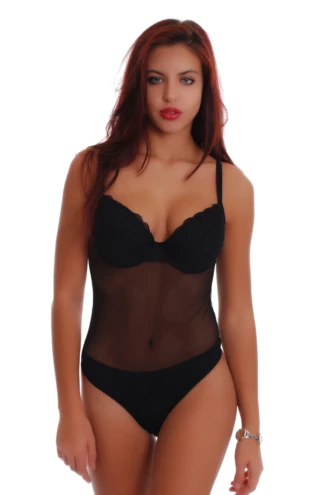 Women's black lace bodysuit over sheer mesh with molded cups, spaghetti straps and a thong cut.
