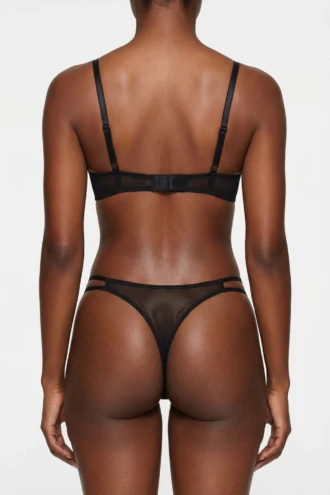Black lace bra and thong set with molded cups, a scalloped neckline and matching floral-lace thong.