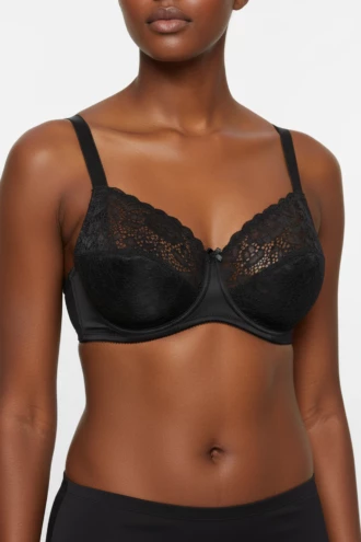 Black floral-lace soft-cup bra with unpadded cups over a microfiber band and a scalloped neckline, cut for a fuller cup.