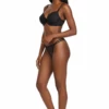 Tiara Galiano black lingerie set in floral lace and microfiber with a hook-and-eye bra and strappy-side thong.