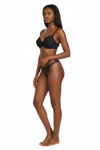 Tiara Galiano black lingerie set in floral lace and microfiber with a hook-and-eye bra and strappy-side thong.