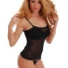 Sleeveless black mesh tank chemise with thin straps and a sheer skim-fit body over a matching thong.