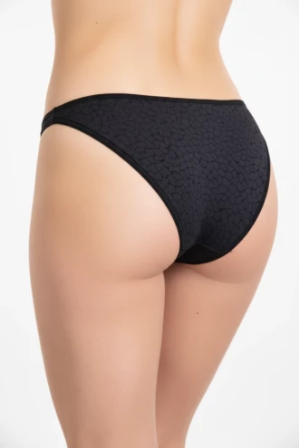 Smooth black microfiber bikini briefs with slim double straps, a high leg and a subtle dressy look.