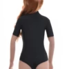Black microfiber bodysuit with mock neck and hook-and-eye fastening, a shape-holding everyday base.