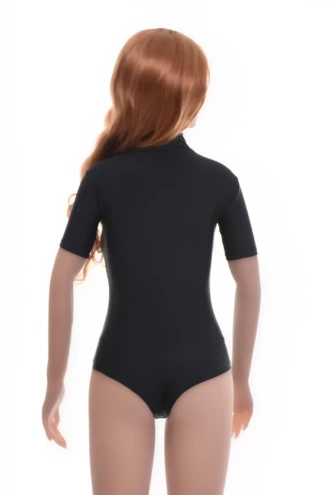 Black microfiber bodysuit with mock neck and hook-and-eye fastening, a shape-holding everyday base.