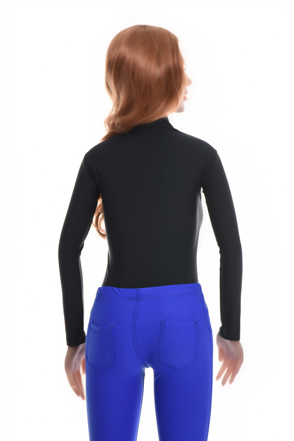 Black microfiber bodysuit with mock neck, long sleeves and thong cut for a smooth line under clothing.