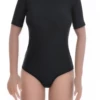 Black microfiber bodysuit with mock neck, short sleeves and brazilian cut for a smooth line under clothes.