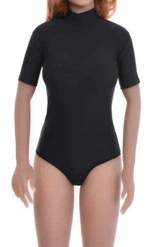 Black microfiber bodysuit with mock neck, short sleeves and brazilian cut for a smooth line under clothes.