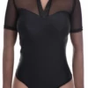 Women's black shirt bodysuit in smooth microfiber with a sheer mesh yoke, short mesh sleeves and a V-neck.