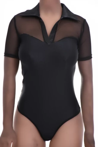Women's black shirt bodysuit in smooth microfiber with a sheer mesh yoke, short mesh sleeves and a V-neck.