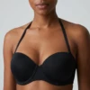 Black microfiber push-up bra with molded cups and angled padding that lifts up and in, smooth under fitted tops.